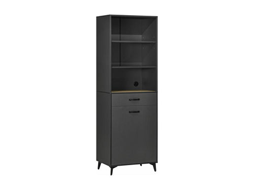 High industrial design sideboard with multiple storage options - door with shelf, drawer, and 3 niches - black metal base, grey MDF YCYQ50553