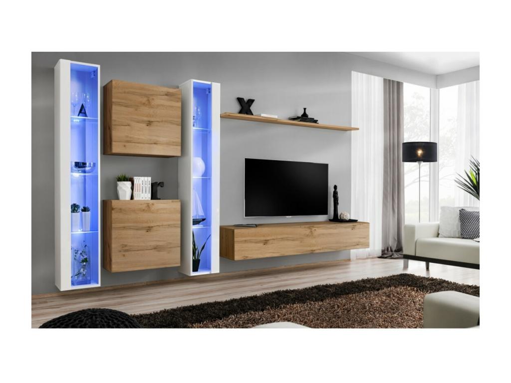 SWITCH XVI wall-mounted living room furniture set in oak and glossy white. RKET90804